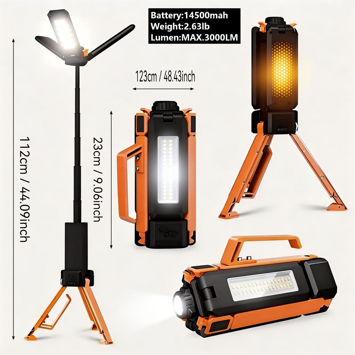 Camping Light & Work Light 3000 Lumens – Cordless LED with 3 Adjustable Heads, 8000/14500mAh Rechargeable Battery, Dimmable & Telescopic Tripod Stand | Camping Gear, Garage & Emergency Light