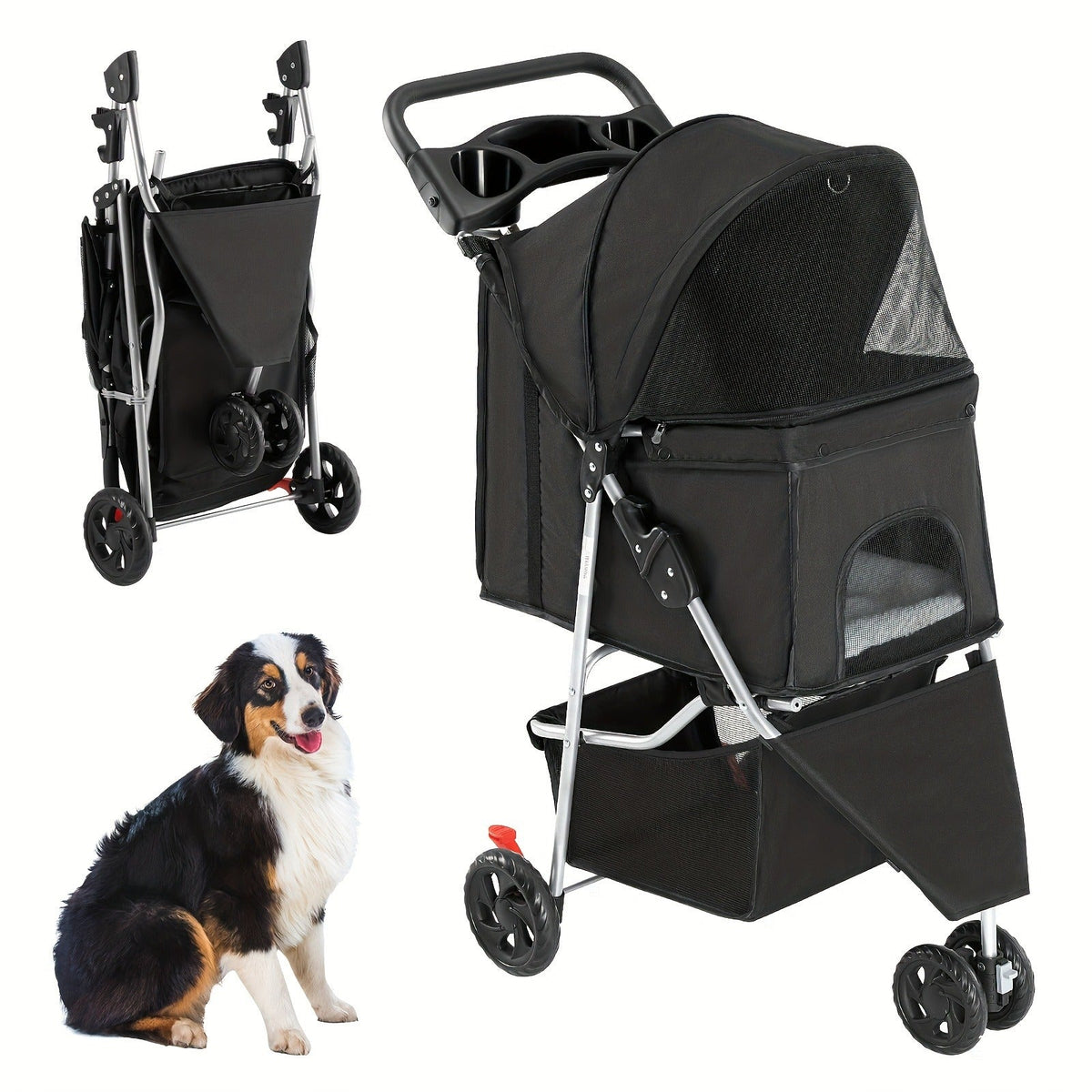 3-Wheel Pet Stroller for Small & Medium Dogs Cats - Foldable Jogger Stroller with Weather Cover, Storage Basket & Cup Holder, Breathable Mesh Window, All-Season Outdoor Walk Pram, Black