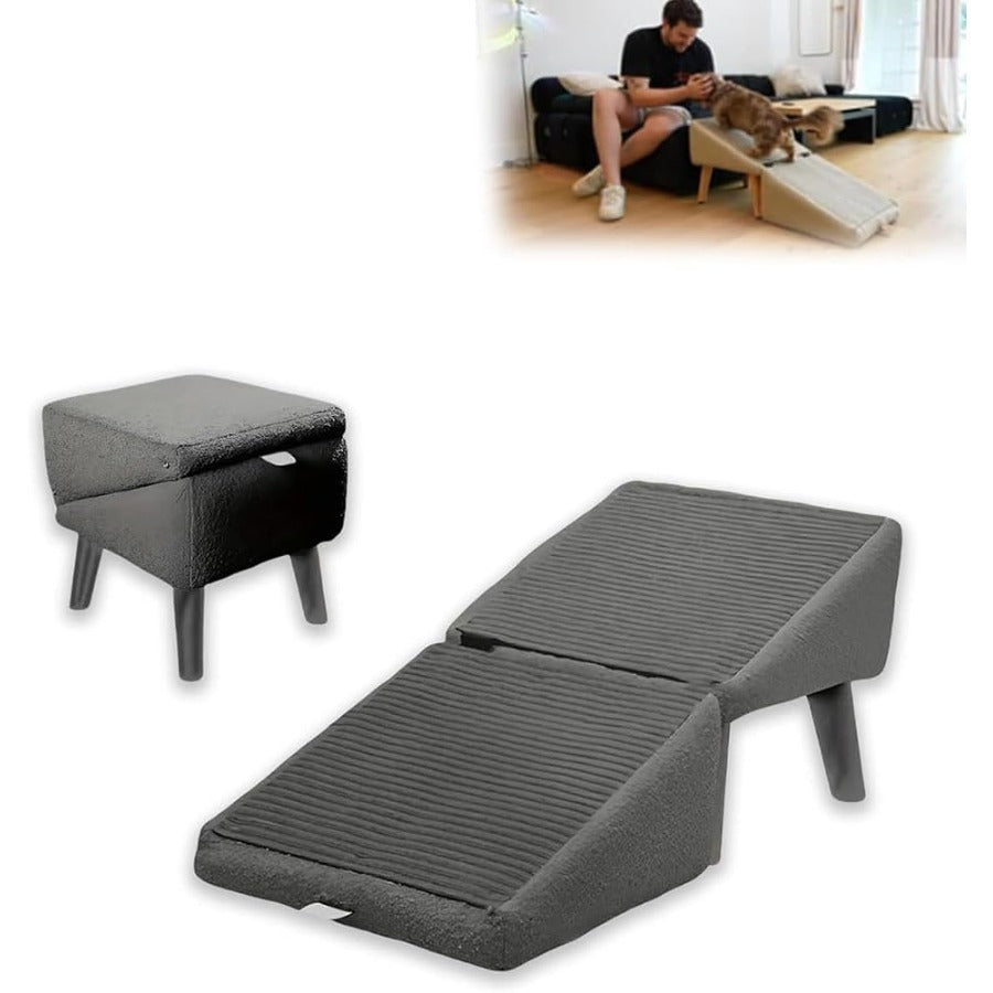 Dog Ramp 2-in-1 Foldable Ottoman Pet Stairs for Sofa Bed, Solid Wood Frame Heavy-Duty Small Dog Steps with Anti-Scratch Rounded Edges, Space-Saving Folding Pet Ramp Footrest, Black & Khaki