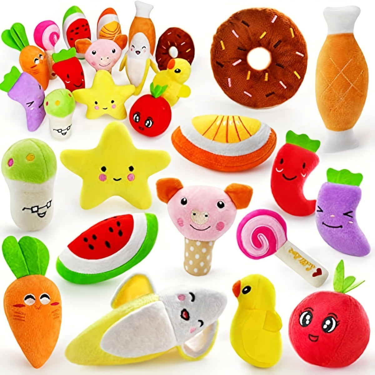 Squeaky Dog Toys 14 Pack Stuffed Plush Fruits Vegetables Set Crinkle Chew Toys for Puppies Small Medium Dogs Teething Safe Non-Toxic Machine Washable