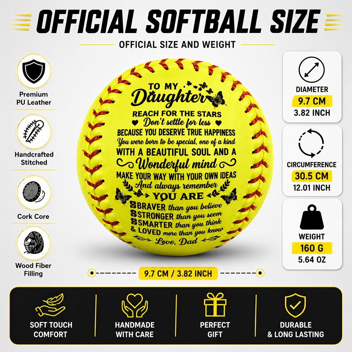 Personalized Softball Gift for Daughter – "To My Daughter" Inspirational Message Ball, International Standard Fastpitch Softball for Birthday, Graduation, Christmas & Special Occasions