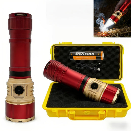 Rechargeable LED Flashlight with Fresnel Fire Starter Lens and 21700 Battery