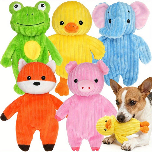 Squeaky Plush Dog Toys with Embroidered Eyes, Washable Animal Designs