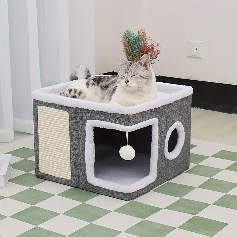 Cat House Foldable Multi-Layer 2-Tier Bed Toy Tunnel Scratching Post Plush Hanging Ball Canvas Nylon Frame All-Season Indoor Cat Cube Enclosure Gray Classic