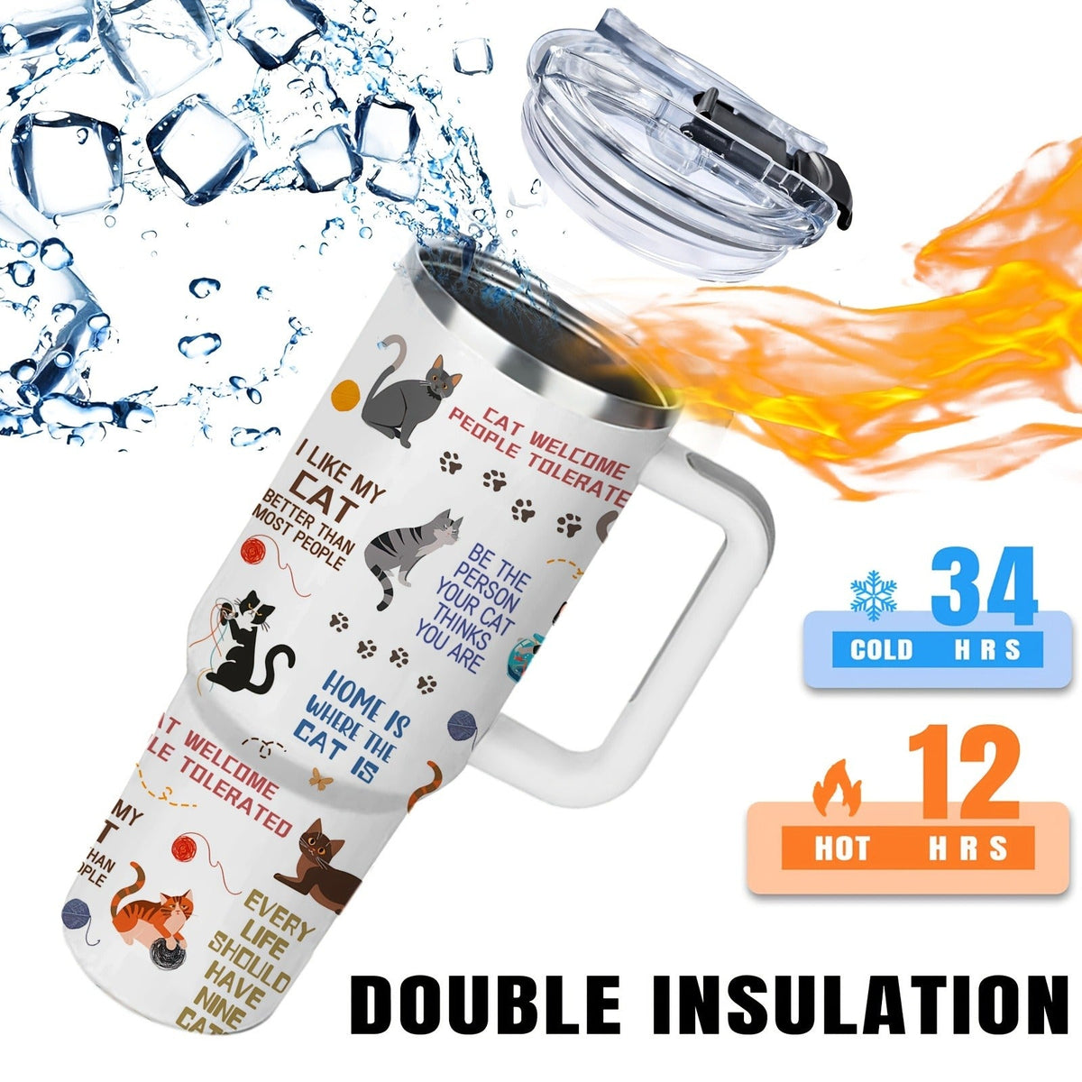 Cat Tumbler 40oz with Lid & Straw – 304 Stainless Steel Insulated Cat Lover Gift Cup for Women, Girls & Adults, Ideal for Outdoor Sports, Camping & Daily Use
