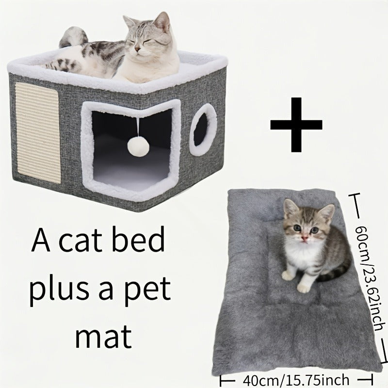 Multi-Tier Cat House & Indoor Cat Cube Bed - Foldable 2-Level Cat Tree with Scratching Post, Toy Tunnel & Plush Hanging Ball, Space-Saving Nylon Canvas Cat Furniture 16.5x16.5x13in for Small Spaces