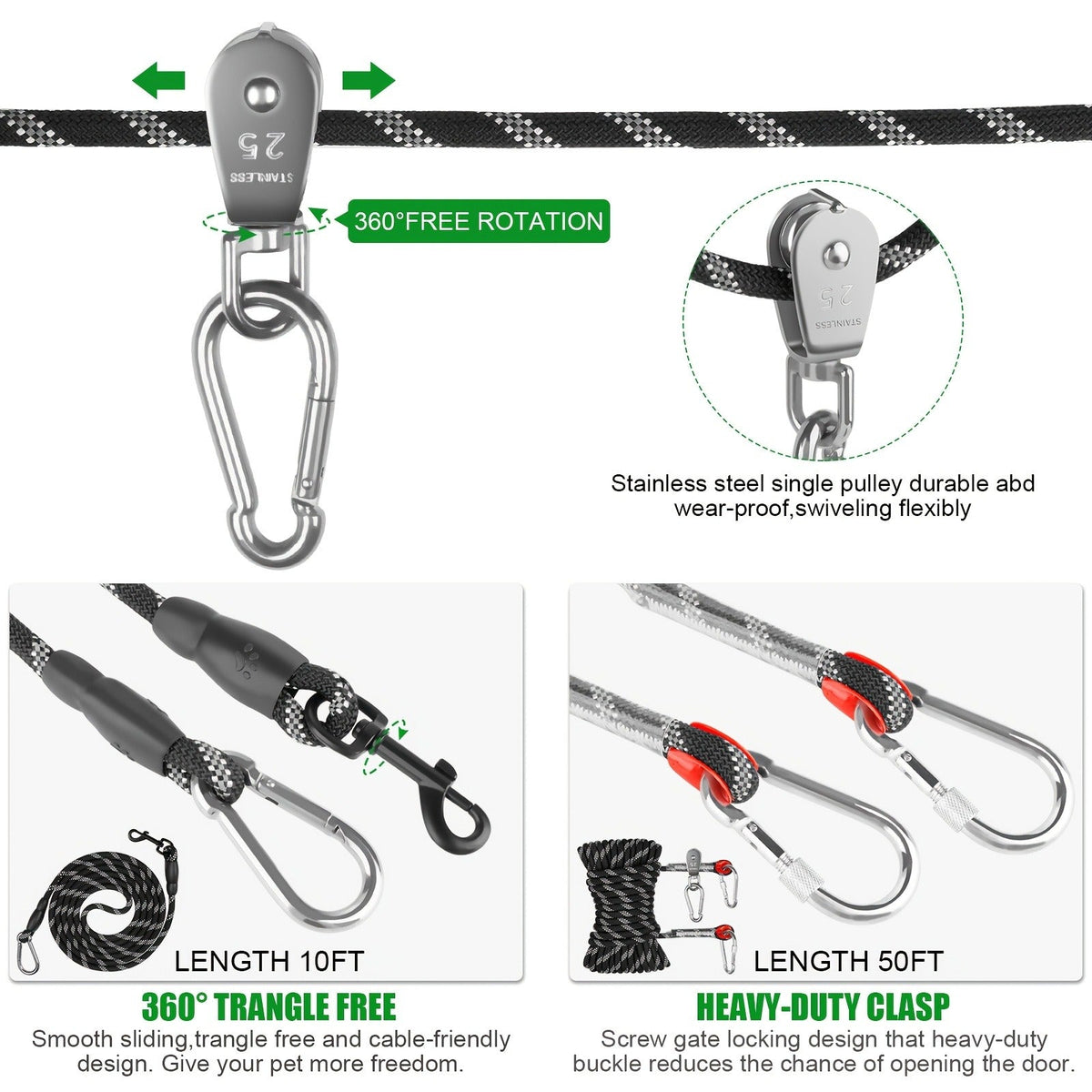Overhead Dog Trolley System 75ft - Heavy Duty Reflective Cable Runner, Supports Up to 200lbs, Portable Easy Setup for Yard, Park, Camping & Hiking, Black & Blue, Outdoor Dog Run