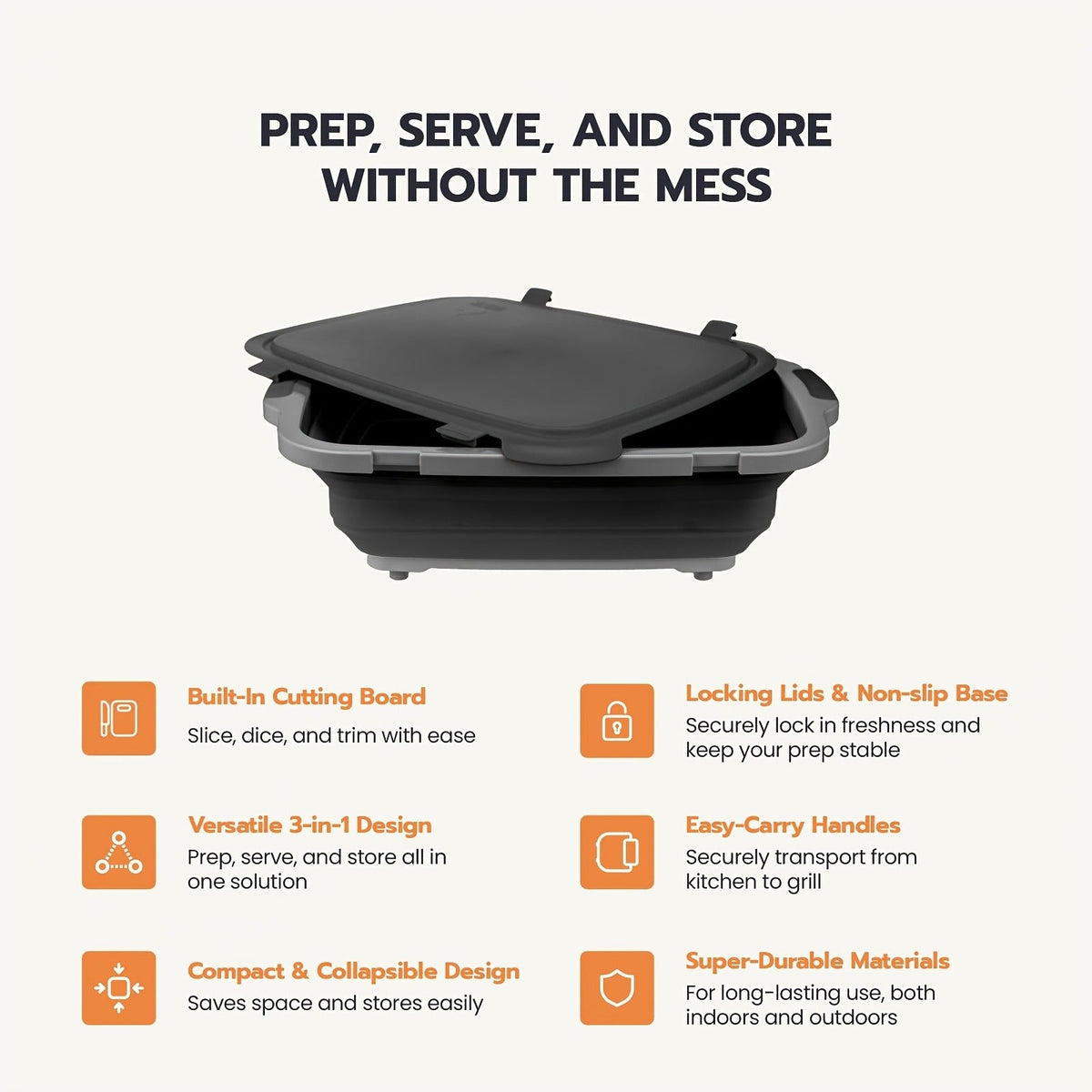 Collapsible BBQ Prep Tub 3-in-1 Grill Caddy – Cutting Board, Washing Basket & Prep Station | Food-Grade Plastic, Drainage Hole, Foldable for Camping & Outdoor Grilling