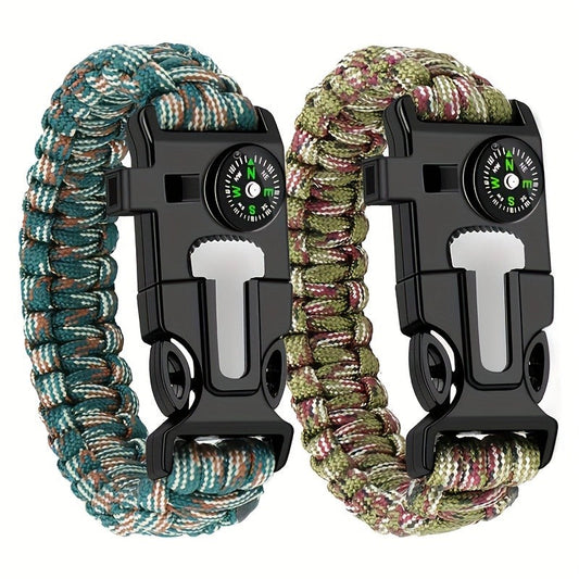Paracord Survival Bracelet 2-Pack with Fire Starter, Compass & Whistle