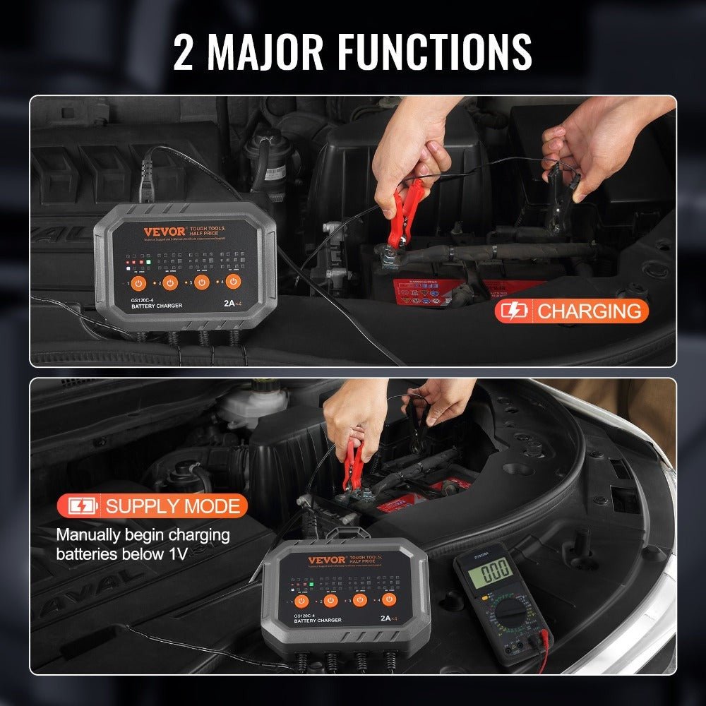 Smart Battery Charger 8A VEVOR Intelligent Charger & Maintainer for LiFePO4, AGM, Gel, SLA & Lead-Acid Batteries – 6V/12V Auto Charger for Car, Boat, Motorcycle, Lawn Mower & Golf Cart, 4-Bank Charging