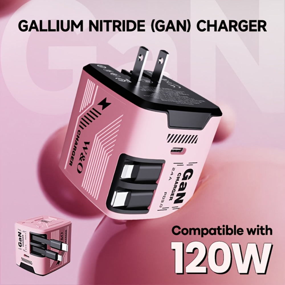Dual Cable GaN Charger 120W with Built-In 47in Type-C & Lightning Retractable Cables, Foldable Plug – Tangle-Free Fast Charging USB-C Wall Adapter for iPhone 16 15 14 Pro Max, Samsung Galaxy S25 S24