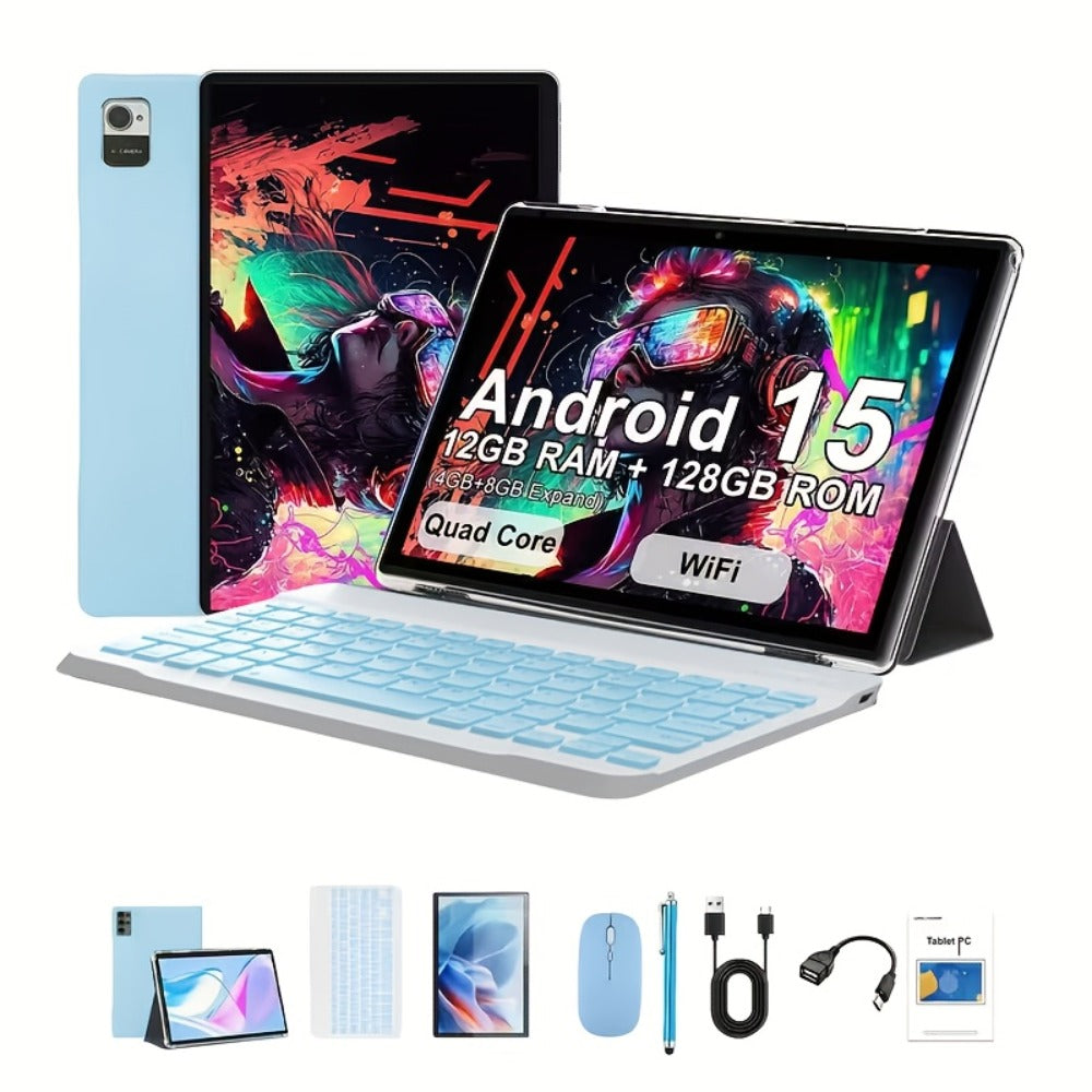 2-in-1 Tablet with Keyboard 10.1 Inch Android 15 12GB RAM 128GB ROM Quad-Core 5G WiFi GMS Certified Type-C 13MP Dual Camera Portable Tablet PC for Work Study – Blue & Gray