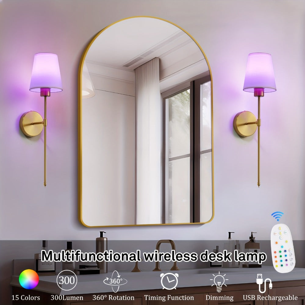 Rechargeable Wall Sconce 2-Pack RGB – 15-Color Dimmable LED Wall Light with Remote Control, 5200mAh Battery, No Wiring for Bedroom, Living Room, Kitchen & Corridor (Gold / Black)