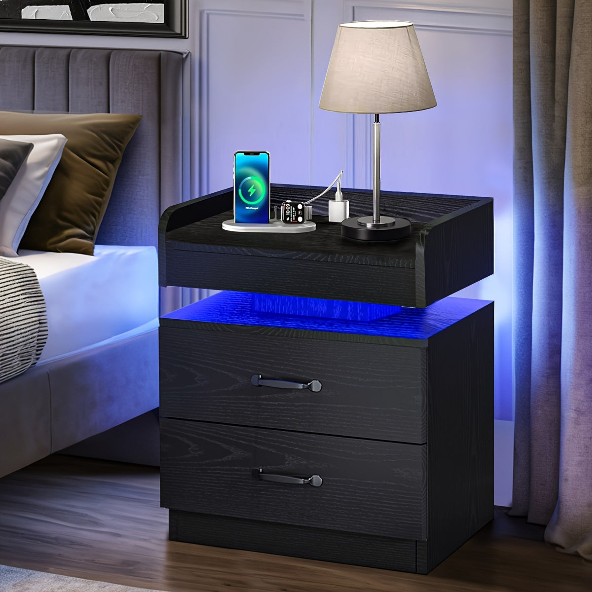 Small Nightstand with USB Charging Station & LED Lights – Compact Bedside Table with Drawer | Under 27 Inch Floor Mount | Dorm Studio Apartment Small Bedroom | Black or White | College Dorm Gift