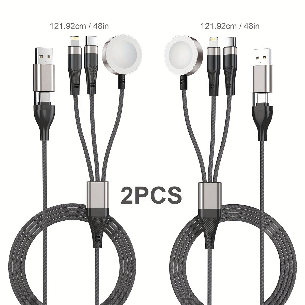 Multi Charging Cable 3-in-2 Fast Charging Set of 2, Compatible with Apple Watch Ultra Series 10 9 8 7 6 SE iPhone 16 15 14 13 12 Samsung Galaxy, USB-C & USB-A, 2FT + 4FT Portable Cord Combo