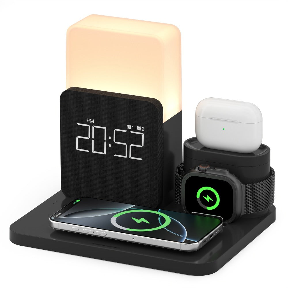 Alarm Clock 3-in-1 Wireless Charging Station with Clock Display – Bedside Charging Dock for iPhone 16 15 14 13 12 & Samsung Galaxy, Charges Phone Watch & Earbuds Simultaneously | Black White Gray