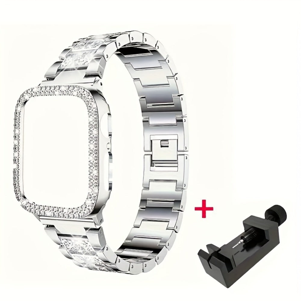 Diamond Apple Watch Case & Strap Set – Starry Sky Full Diamond Bezel + Double Row Diamond Band Compatible with Apple Watch Series 1–10 SE Ultra Ultra 2 38 40 41 42 44 45 49mm – Pink Rose Gold Black Blue Silver