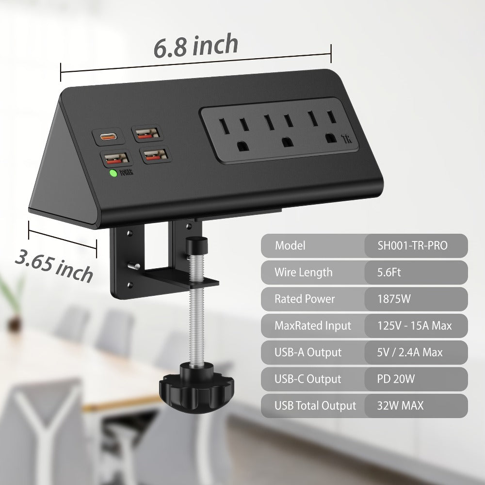 Desk Edge Mount Power Strip 7-in-1 with PD 20W USB-C Fast Charging, Screw & Clamp Mount, 5.6ft Extension Cord, Power Indicator Light – Under-Desk Charging Station for Office, Dorm & Hotel