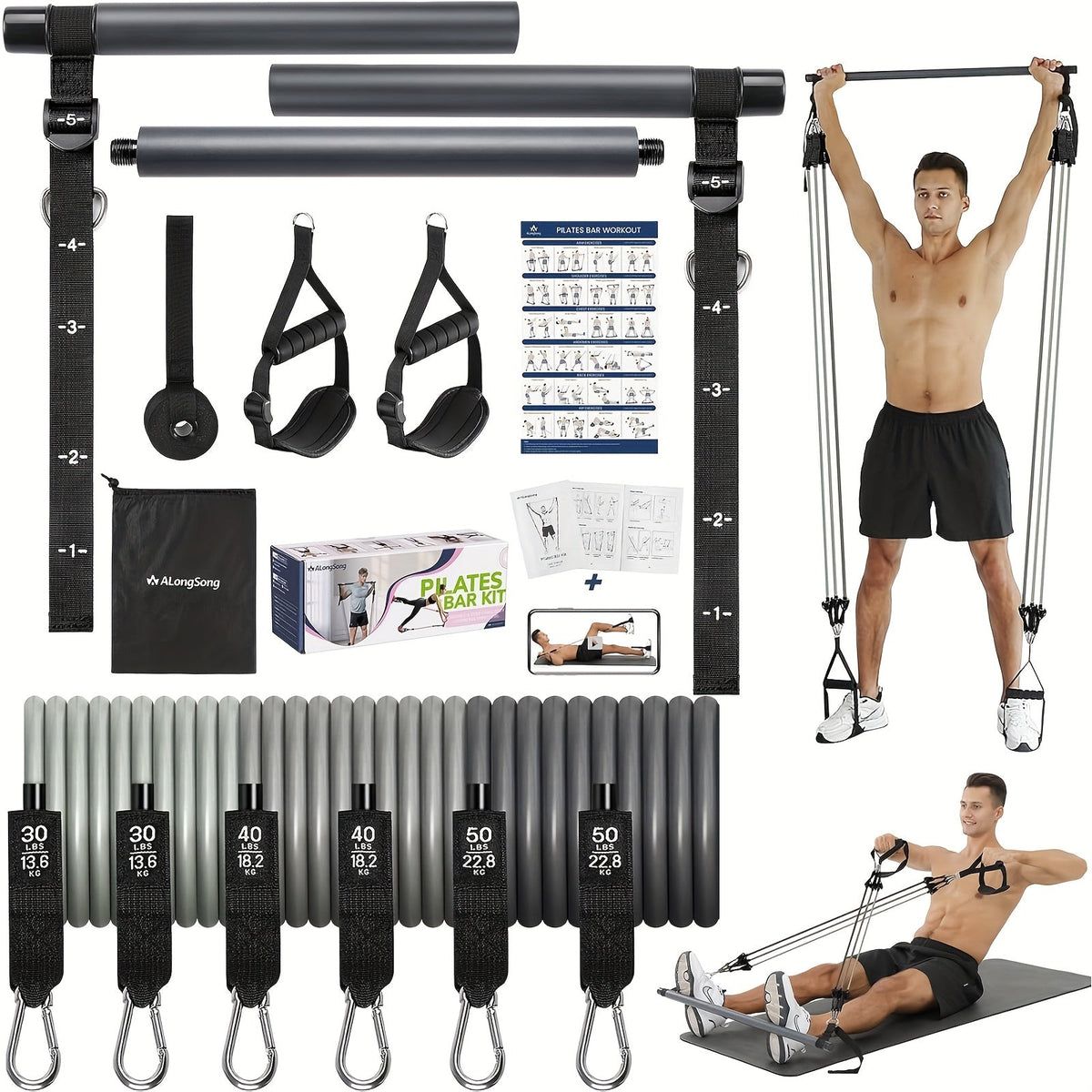 Natural Latex Pilates Bar Kit with Resistance Bands 20-360 lbs – Stainless Steel Handle, Adjustable Length for 5'3"-6'2", Full Body Home Gym Workout for Women & Men