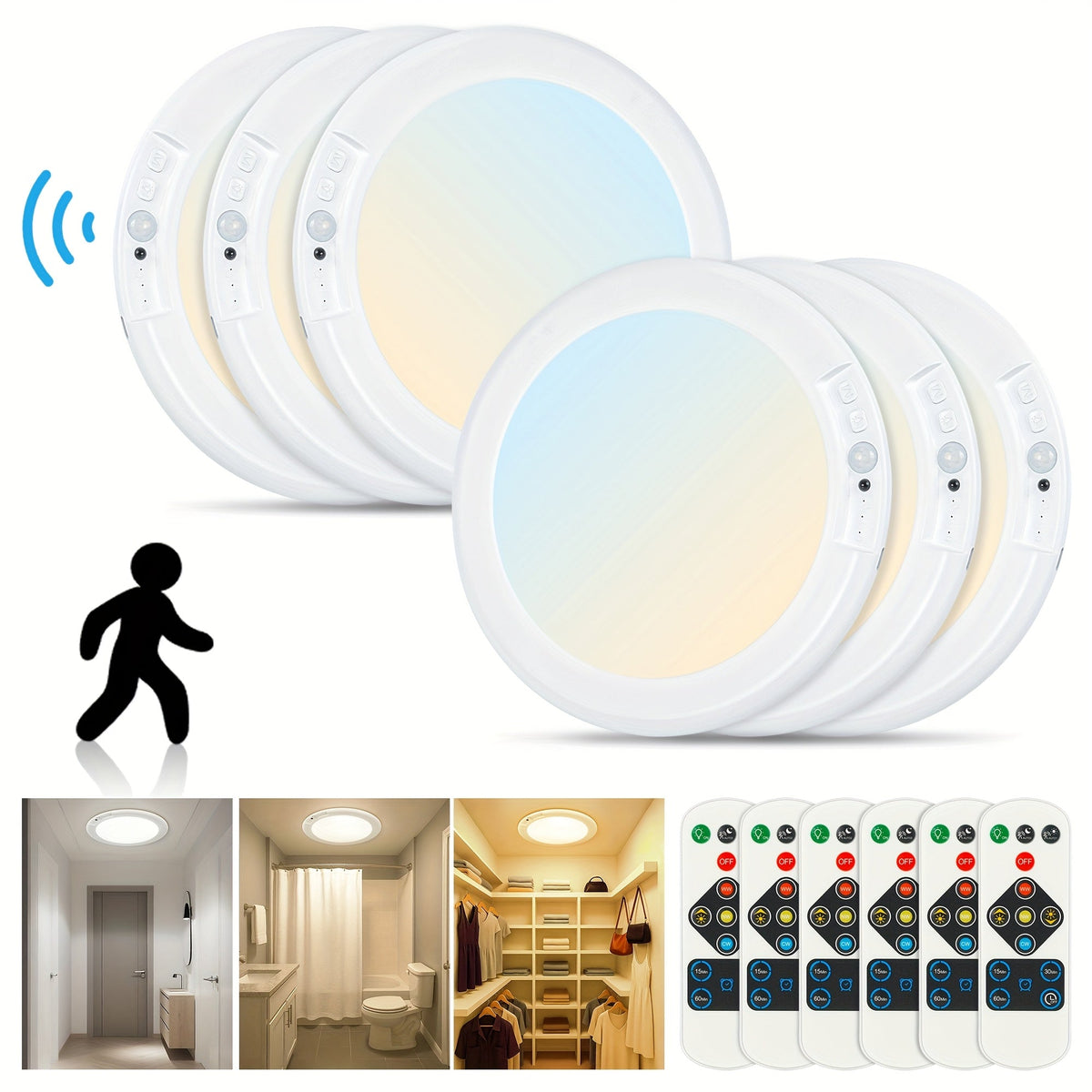 Rechargeable LED Ceiling Light with Motion Sensor – Remote Control Dimmable, 3 Color Temps 3000K/4500K/6500K, 10 Brightness Levels, Battery Operated Closet Light for Bathroom Hallway Pantry Porch