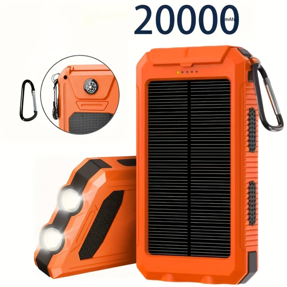 20000mAh Solar Power Bank with Built-In Flashlight & Compass – Dual USB Portable Charger for Camping Hiking Emergency Survival Outdoor Use, Compatible with All Mobile Devices, iPhone Android Samsung