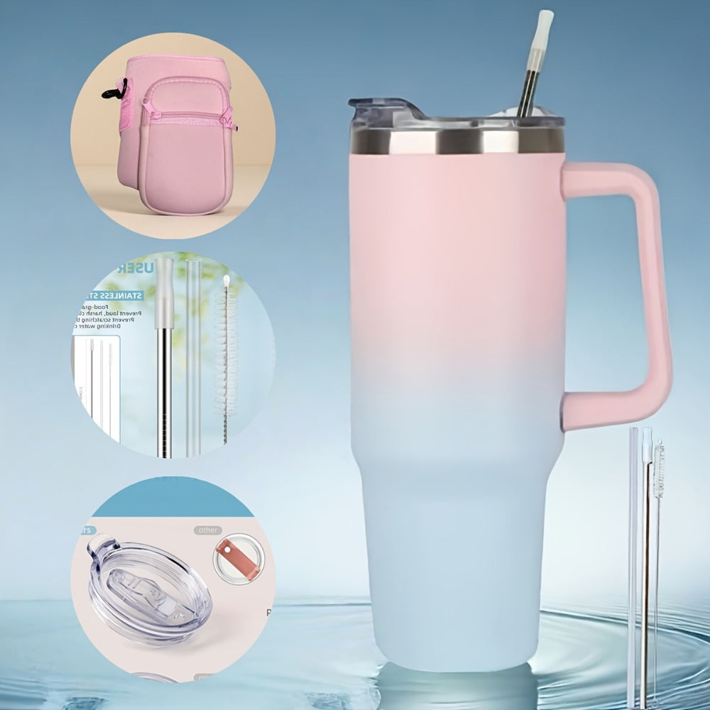 Insulated Tumbler 40 Oz with Carry Bag & Handle – Stainless Steel Thermos with Straw & Spout Lid – Ice Compatible Gym Water Bottle & Travel Mug – Pink Blue Gradient Gift for Women & Teens