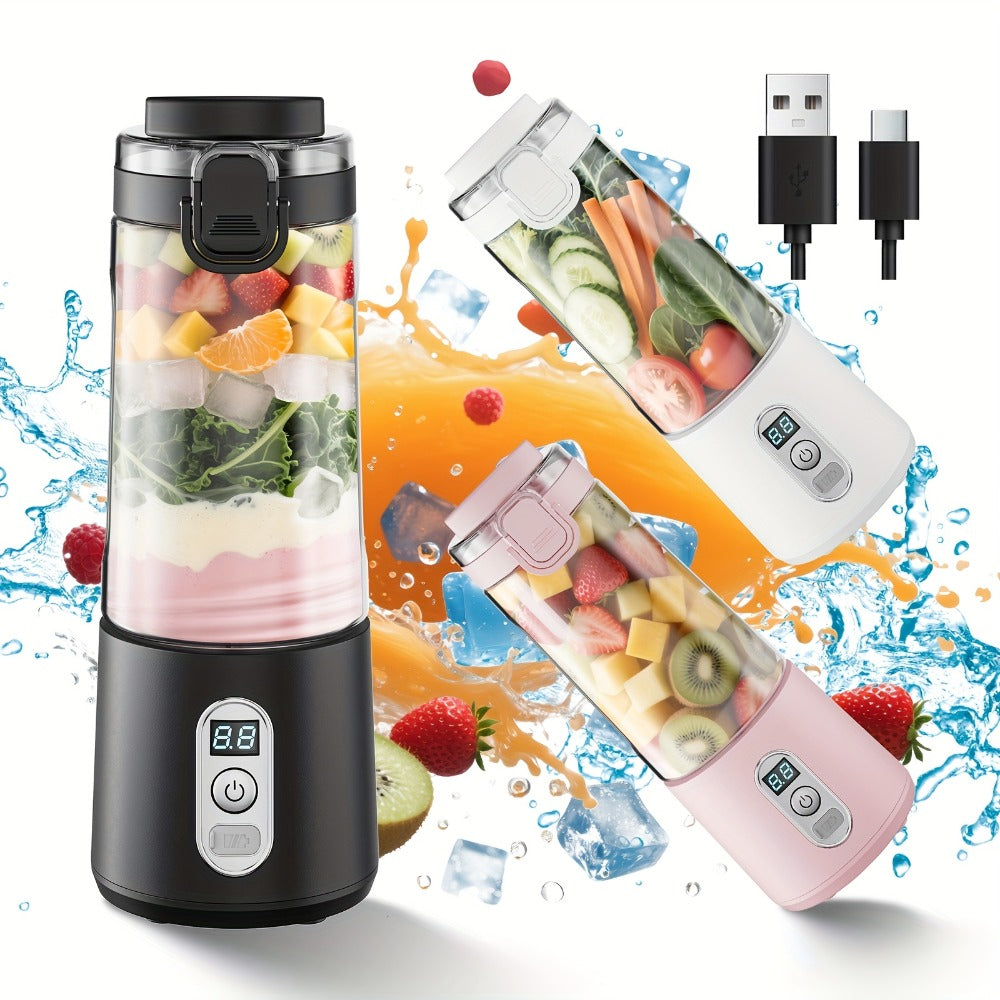 Portable Smoothie Blender USB-C Fast Charge 6-Blade Stainless Steel – Digital Timer Battery Display High-Speed Ice Crush No-Spill Lid | Protein Shake Gym Travel Blender in Black Pink White