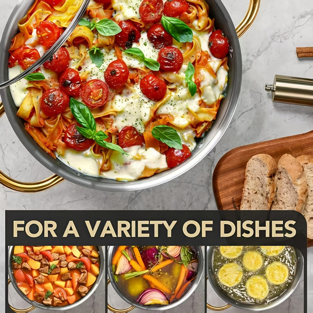 Stainless Steel Non-Stick Cookware Set 1 11 & 13 Piece – Non-Toxic Dishwasher & Oven Safe Kitchen Cooking Set | Frying Boiling Stir-Fry Pots and Pans | Golden Silver Pink Orange Home & Catering