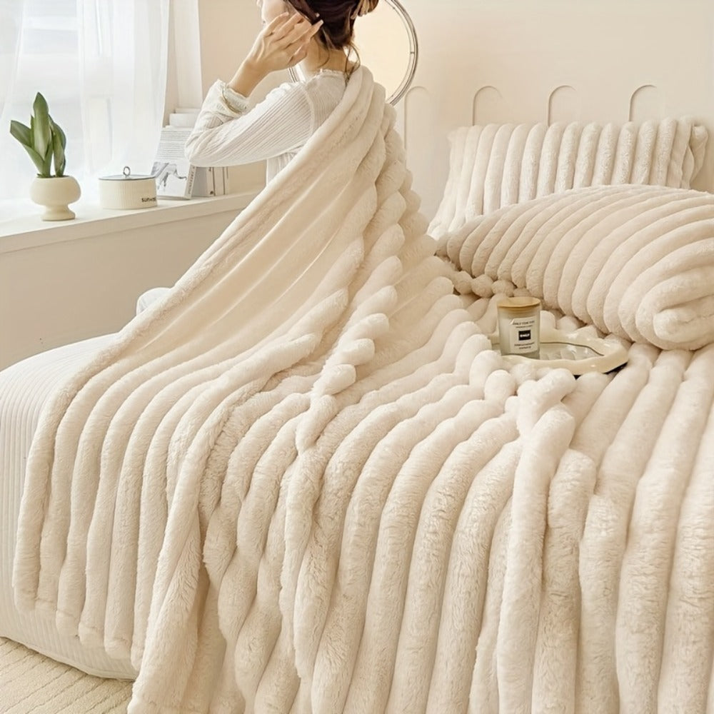 Reversible Faux Rabbit Hair Blanket – Thickened Soft Thermal Throw for Bed, Nap, Office & Camping, All Season, 4 Colors, 5 Sizes