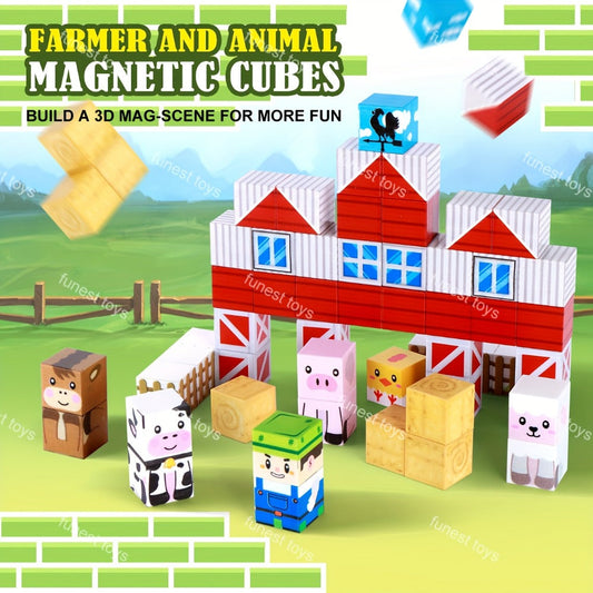 54-Piece Farm Animal Magnetic Block Set with Farmer Theme Play