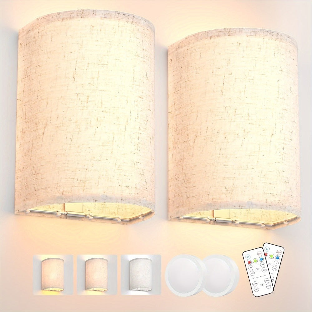 Rechargeable Wall Sconce Set of 2 – Wireless Fabric Shade Wall Light with Remote Control, Magnetic Puck Light, Dimmable CCT or RGB Color, No Wiring for Bedroom Living Room Hallway Decor