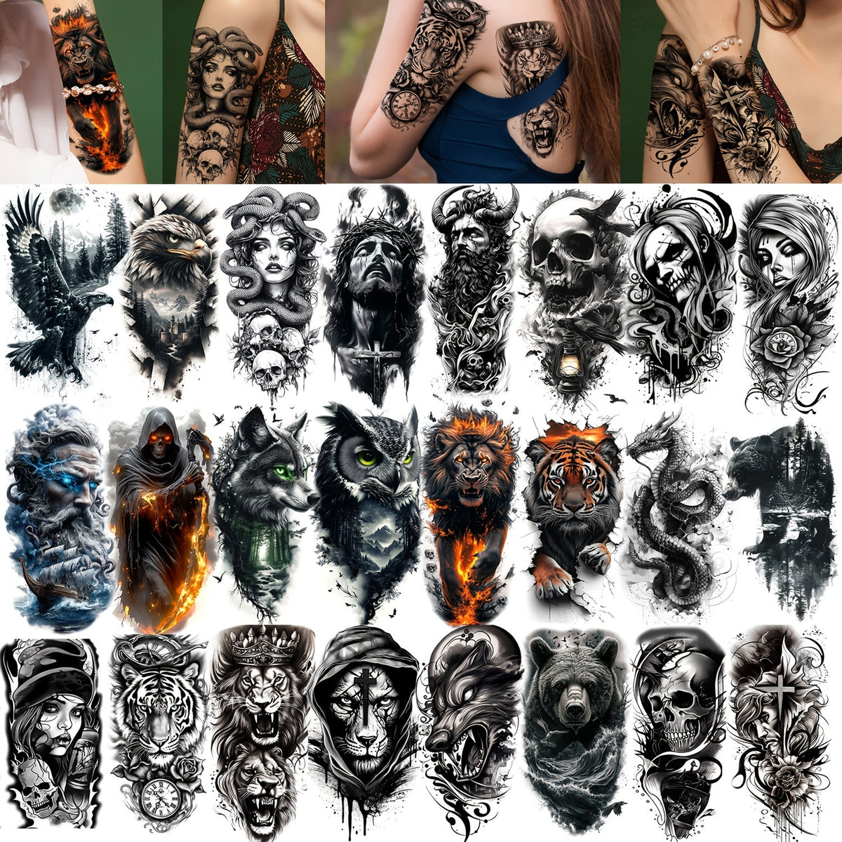 Half Sleeve Temporary Tattoos 24 Pack Realistic 3D Waterproof Lion Eagle Skull Greek God Gothic Forearm Body Stickers Long Lasting for Men Women Adults Halloween Festival