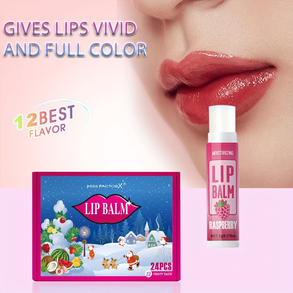 Lip Balm Set 24 Pcs Christmas Gift Box — Plant Fragrance Long-Lasting Moisturizing & Brightening Lip Color for Men & Women, Holiday Stocking Stuffer & New Year Party Favor Gift