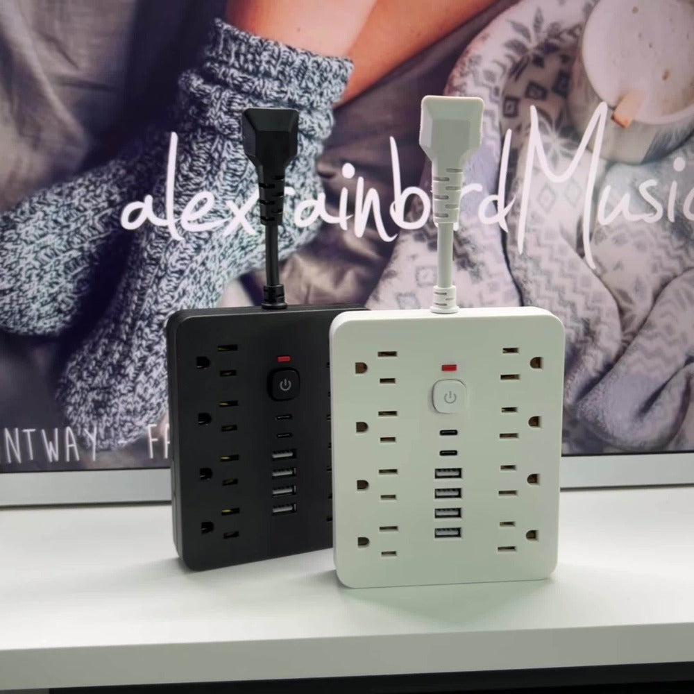 14-in-1 Power Strip with Surge Protector – 8 AC Outlets & 6 USB Ports (2 USB-C), Flat Plug Space-Saving Design, Overload Protection for Home Office School, Available in Black & White