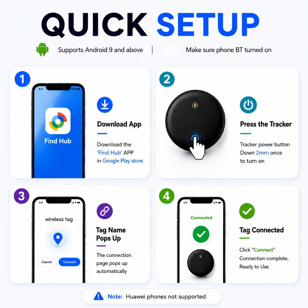 Bluetooth Tracker 4 Pack Google Certified Android Find My Device Find Hub – No Subscription Anti-Lost Tag for Keys Wallet Luggage Bags Pets Cars, Android 9+ Compatible, Family Value Pack Gift