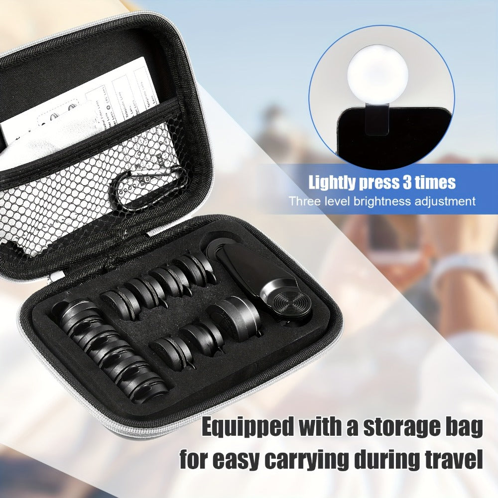 16-in-1 Phone Camera Lens Kit – Fisheye, Wide Angle, Macro, Kaleidoscope & CPL Clip-On Lenses + Selfie Light, Universal Smartphone Camera Upgrade for iPhone & Android, Travel & Content Creation
