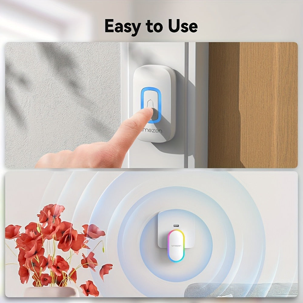 USB Plugin Wireless Doorbell Kit with 60 Melodies, 5 Volume Levels & Colorful LED Indicator, 1000ft Range, Silent Mode, Battery-Powered Transmitter, No Wiring for Home Office Apartment Elderly