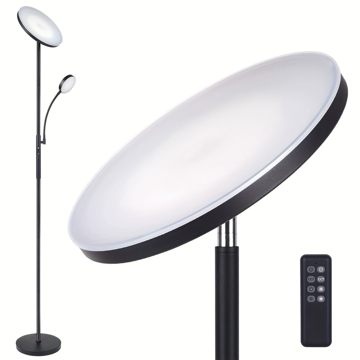 LED Floor Lamp with Reading Light – 27W 2300LM Dimmable Torchiere Standing Lamp, 4 Color Temperatures, Remote & Touch Control, Metal Base for Living Room Bedroom Home Office (Black/White)