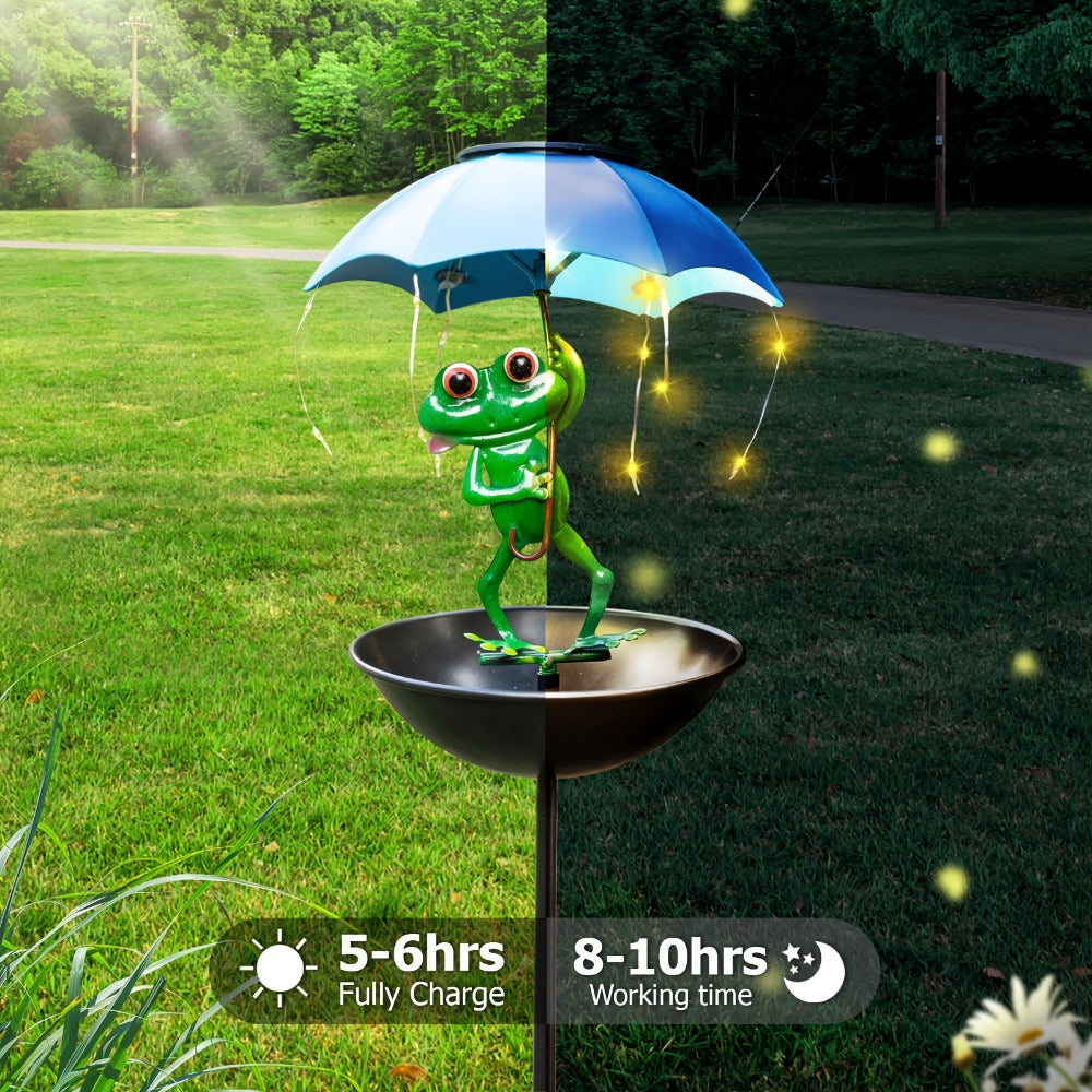 Solar Garden Decor Frog with Umbrella LED Light – Iron Frog Outdoor Statue with Solar Powered LED | Bird Feeder Garden Ornament for Patio, Lawn, Pathway & Deck | Unique Valentine Gift Yard Decoration