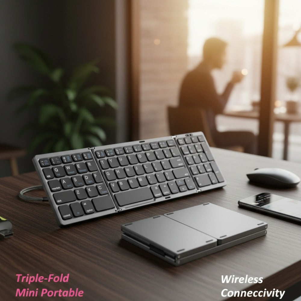 Foldable Bluetooth Keyboard with Numeric Keypad Triple Fold BT5.1 3-Device Multi-Switch USB-C Rechargeable Portable Wireless Keyboard for iPhone iPad Android Tablet Windows Mac Grey