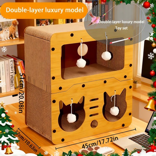 Cat House with Scratcher Pad and Plush Ball Toys, Three Model Options