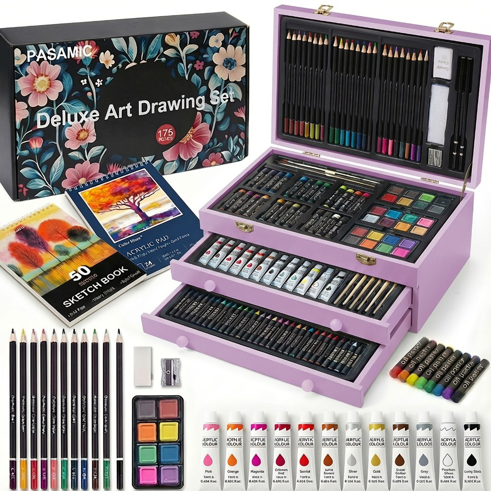 172 Piece Deluxe Art Set in Wooden Case with 2 Drawing Pads Crayons Acrylic Paints Colored Pencils Professional Art Kit Gift Box for Artists Beginners Ages 8+ Birthday Christmas