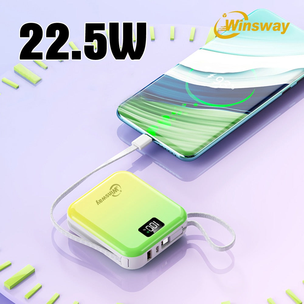 Mini Compact Power Bank 10000mAh Winsway 22.5W Fast Charging – Built-in Dual Cables USB-C & USB-A, Gradient Design, LED Display, Ultra-Lightweight Portable Charger for Travel Boarding Outdoor Gift