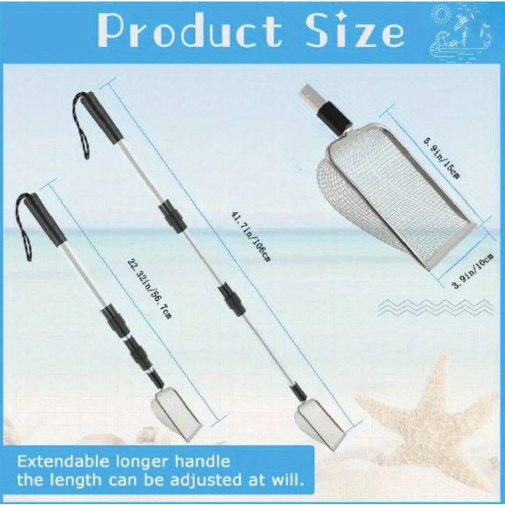 Stainless Steel Beach Sand Sifter with Retractable Telescopic Handle – Portable Sand Sieve for Treasure Hunting, Shell & Conch Collecting | Beach Tool for Kids & Adults, Doubles as Cat Litter Scoop