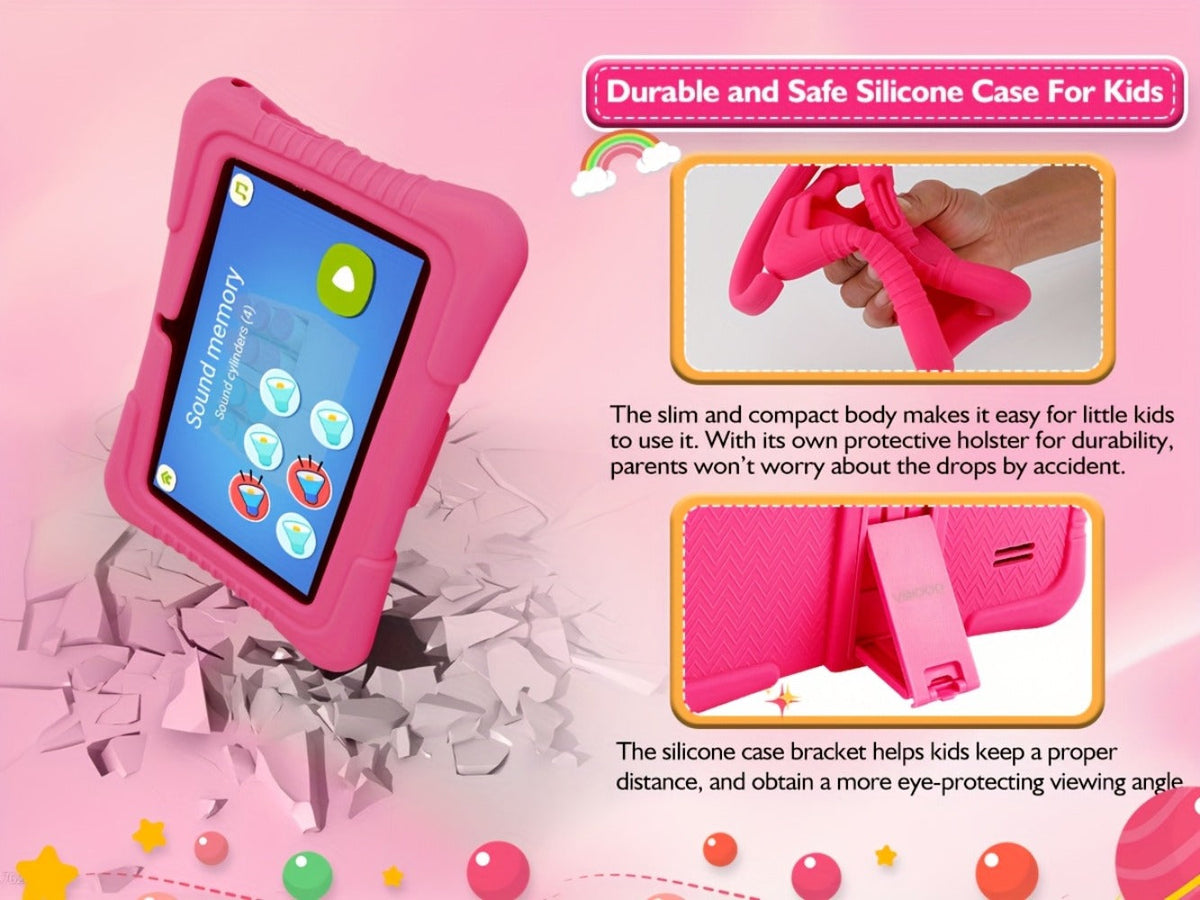 Veidoo Kids Tablet 7 Inch Eye Protection Screen 2GB RAM 32GB ROM Android WiFi Dual Camera Parental Control Educational Games Drop-Proof Silicone Cover Children Learning Tablet Pink Blue