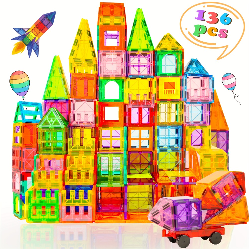 Clear Magnetic Tiles Building Set for Kids, 3D Magnet Blocks in 80, 106, 136 or 205 Pieces, Ages 3+