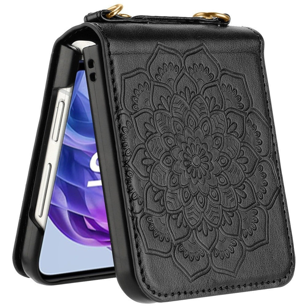 Floral Crossbody Motorola Razr 2024 / Razr+ Plus 2024 Case Flower Embossed PU Leather Lanyard Strap – Boho Henna Mandala Hybrid Protective Cover for Women Gift