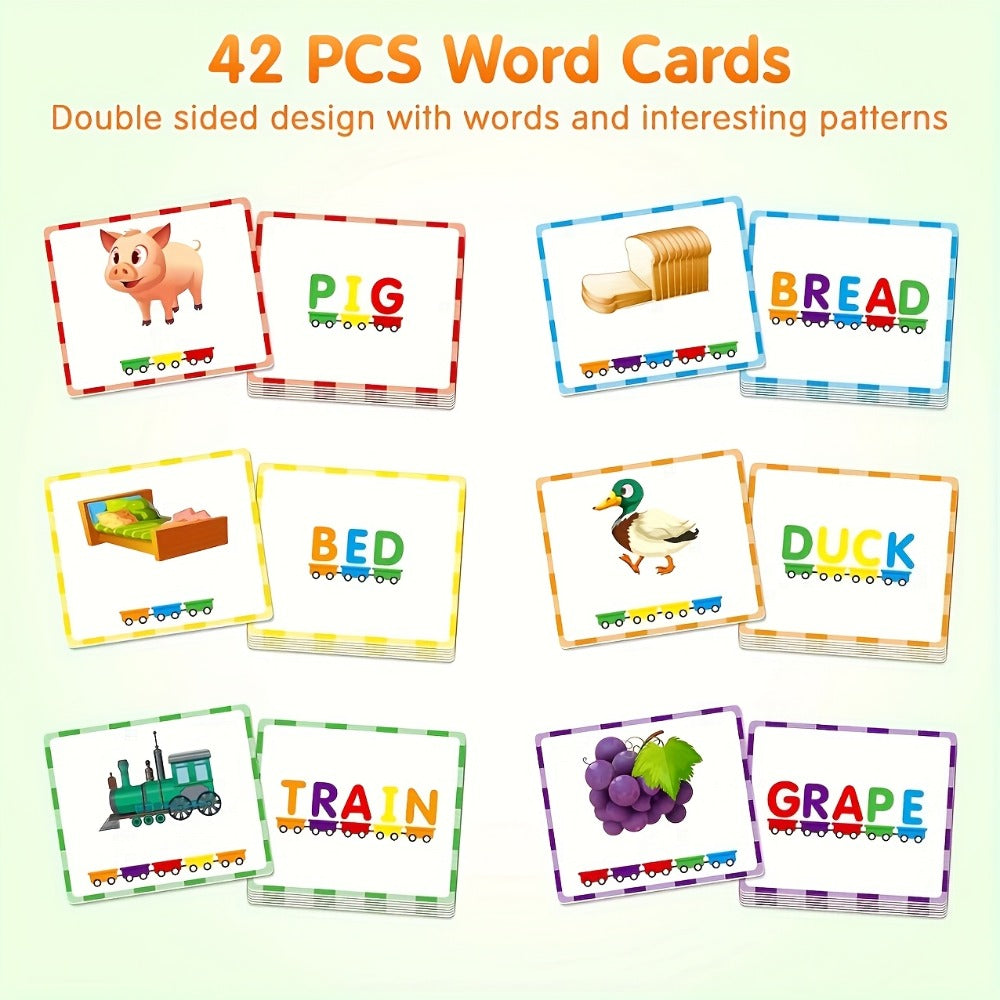 Wooden Alphabet Train Set, 27-Piece Magnetic ABC Letter Toy with 42 Flash Cards & Storage Bag