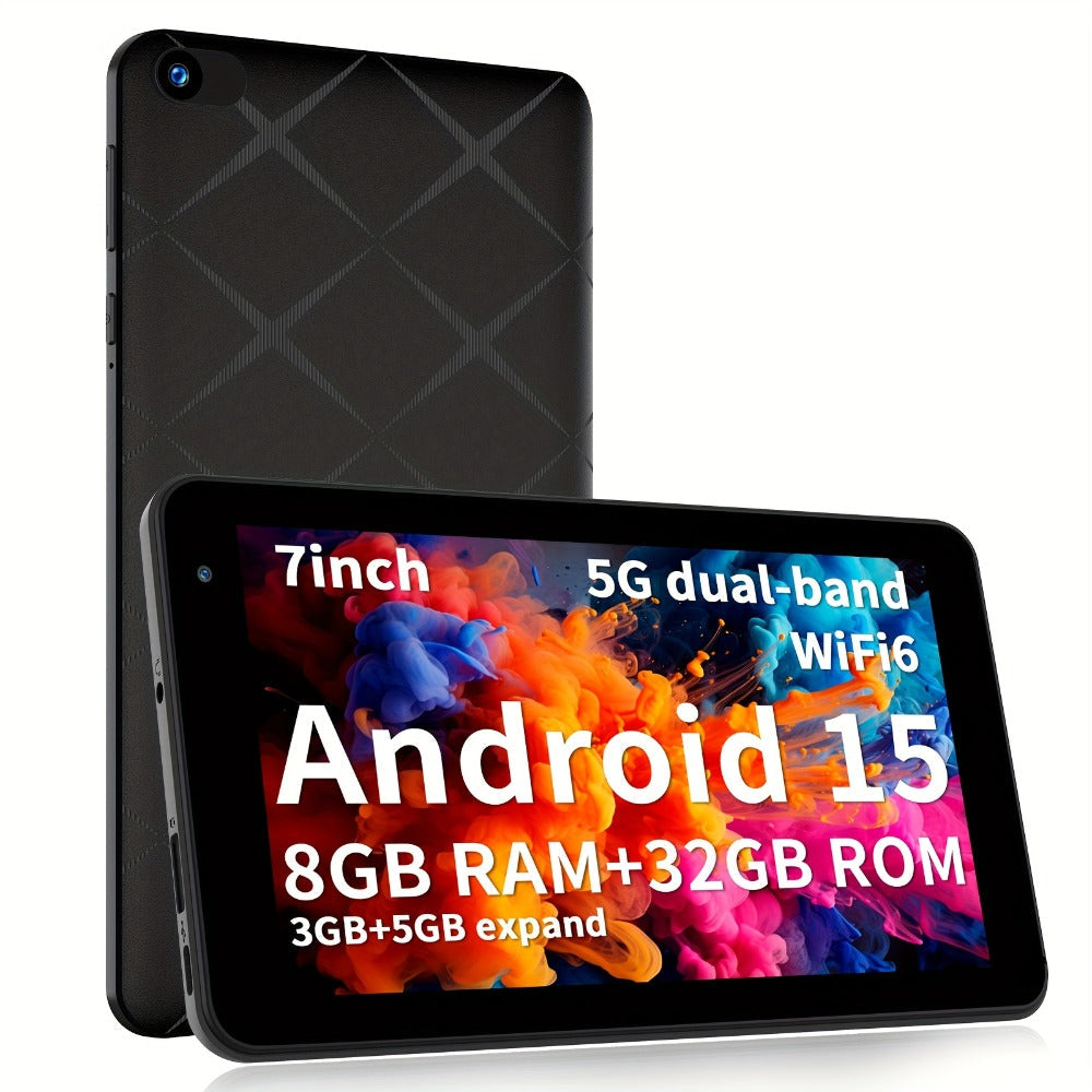 Android 15 Tablet 7 Inch, 8GB RAM 32GB ROM, 1TB Expandable Storage, WiFi 6 Dual-Band IPS Touchscreen Tablet with Protective Case, Multi-Core CPU, Dual HD Cameras – Black