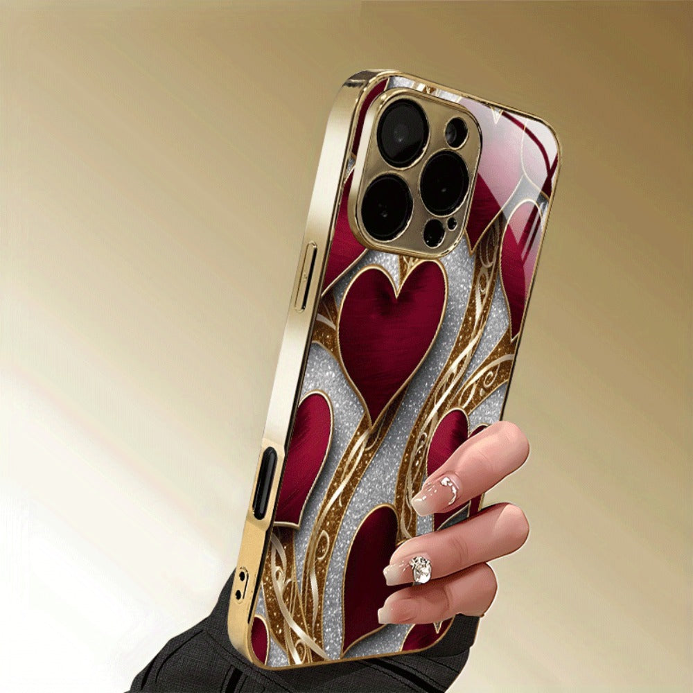 Golden Heart Phone Case Luxury Aesthetic Slim Fit iPhone 17 16 15 14 13 12 11 Pro Max Plus XS XR Samsung Galaxy S25 S24 S23 S22 A-Series Cute Girly Gift Cover Red Gold Design